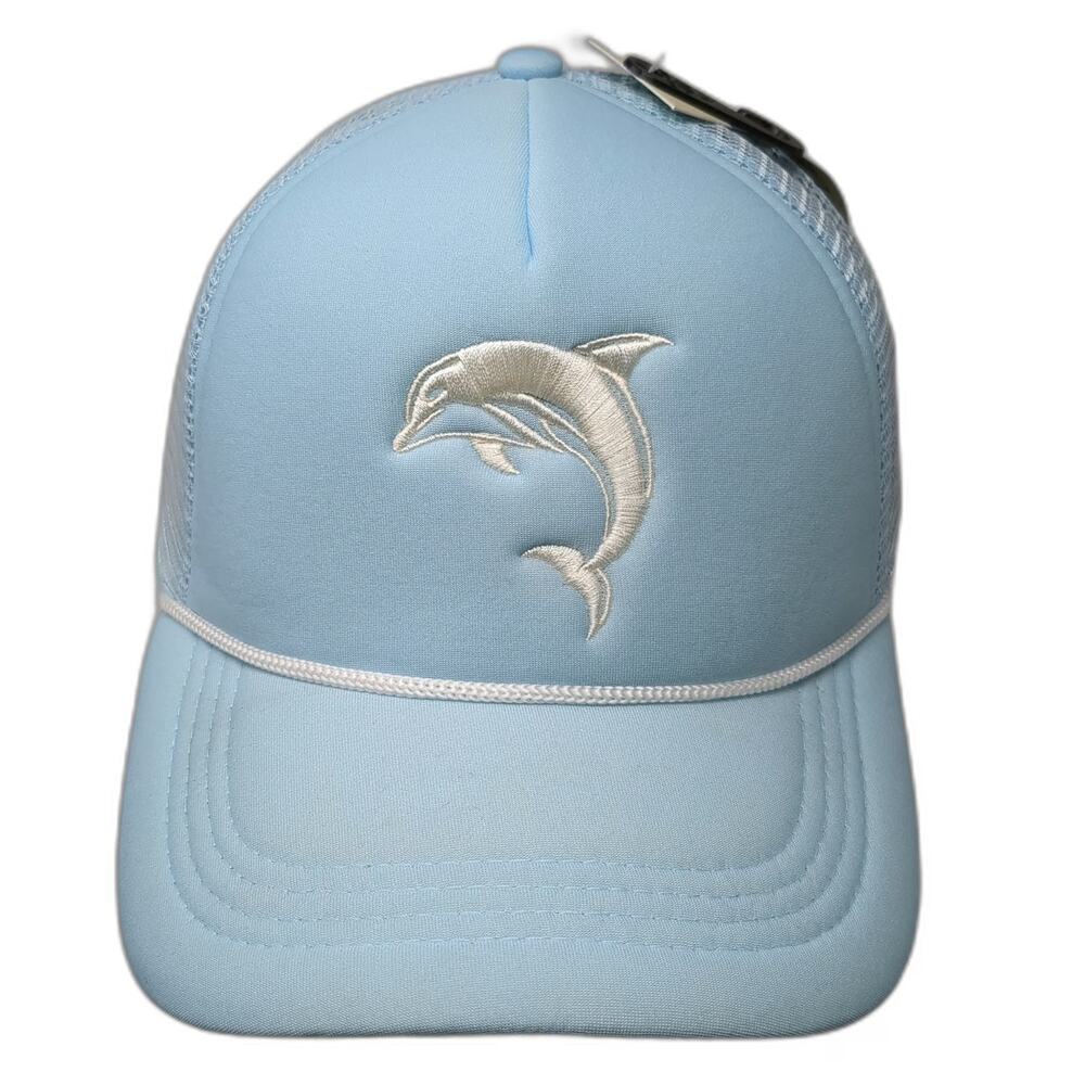 No Boundaries Trucker Hat Blue One Size Dolphin Embroidered Rope Mesh Snapback